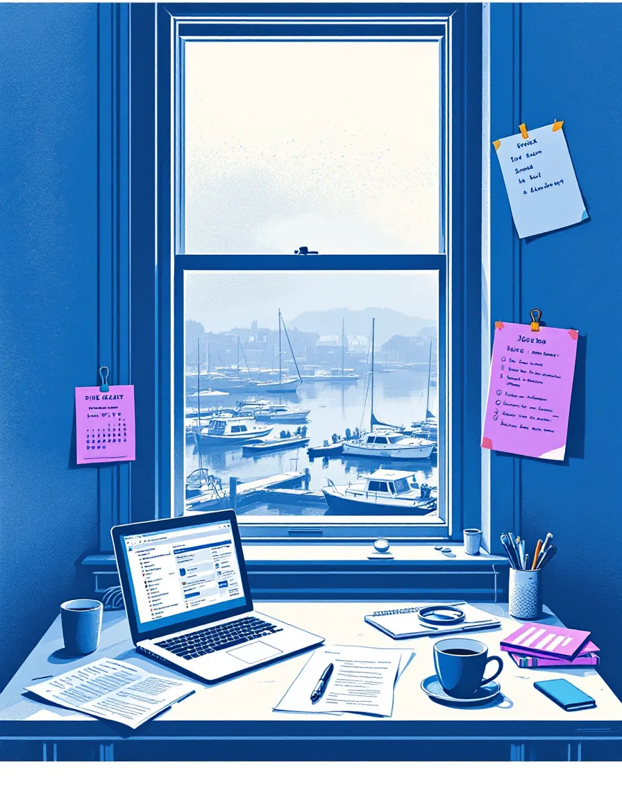 Riso-print illustration of a desk by a window over Gloucester’s inner harbor: laptop inbox, taped-up tide chart, circled calendar date and coffee, with fog lifting off moored lobster boats.