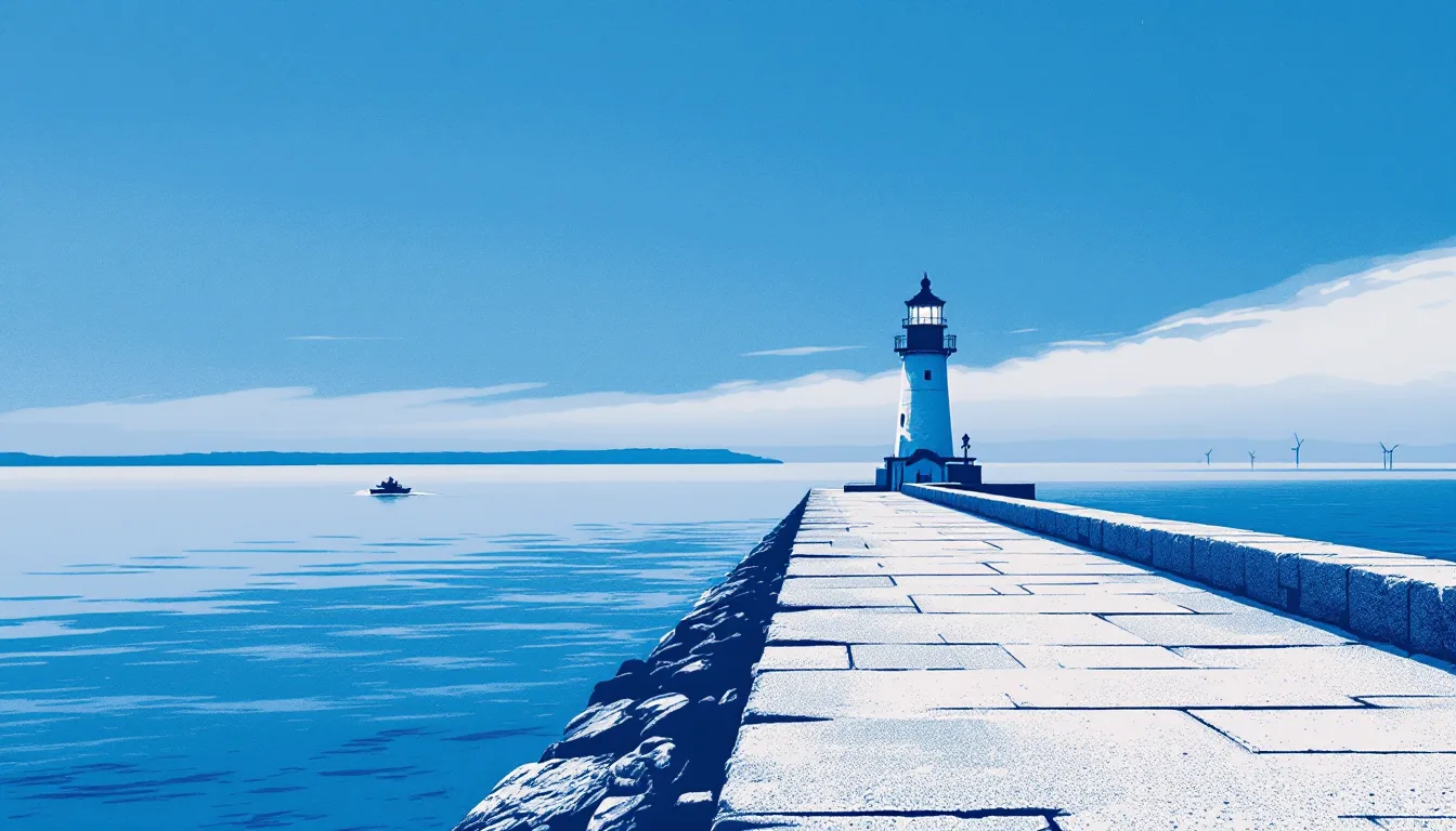 Riso-print panorama of Eastern Point Lighthouse and the Gloucester breakwater at dawn, fog rolling in as a lobster boat heads out, wind turbines faint on the horizon.