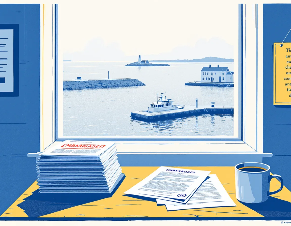 Riso-print illustration of the Fern & Foghorn desk at dawn: embargoed press releases, a tide chart on the wall, and Gloucester harbor in fog through the window.