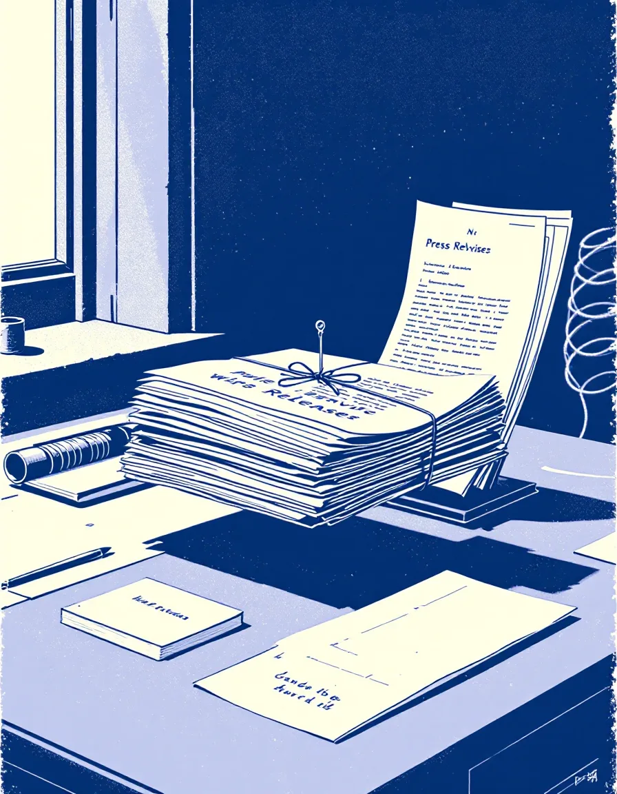 Riso-print illustration of a newsroom spike holding crumpled wire releases next to one tidy press folder.